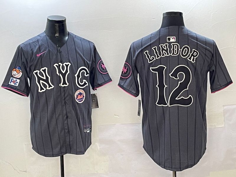 Men New York Mets #12 Lindor Black City Edition 2025 Nike MLB Jersey style 8
